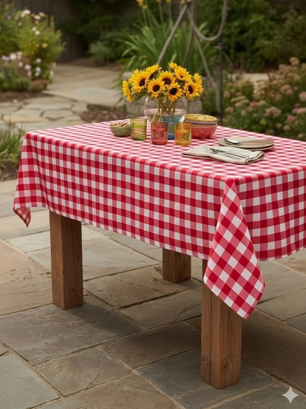 Red & White Gingham Check Tablecloth SpillProof Cloth Indoor Outdoor 60x84” NWT